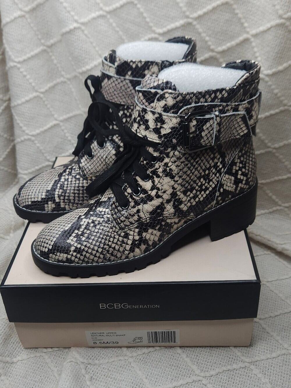 BCBGeneration Snake-Print Lace-Up Ankle Boots in Black & Cream NWT